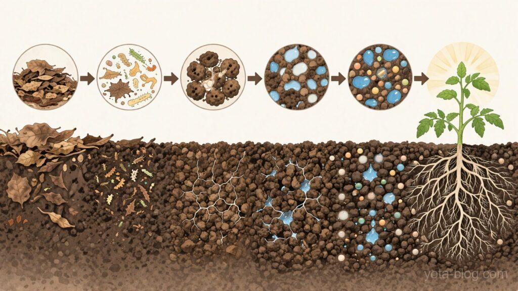 腐葉土が土を変える6つのステップをイラストで解説