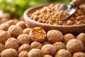 赤玉土の粒と断面のクローズアップ。内部の多孔質な構造が見える