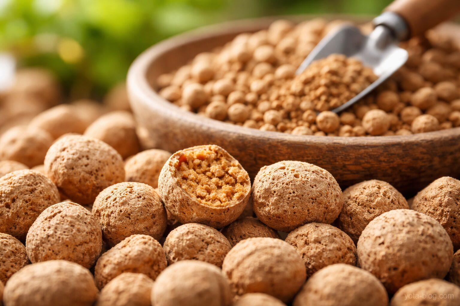 赤玉土の粒と断面のクローズアップ。内部の多孔質な構造が見える