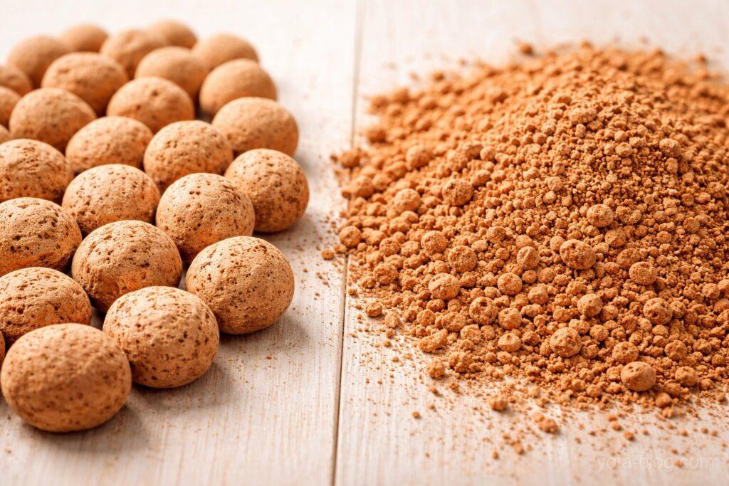 左側に新品の赤玉土の粒、右側に崩れて粉になった微塵の比較