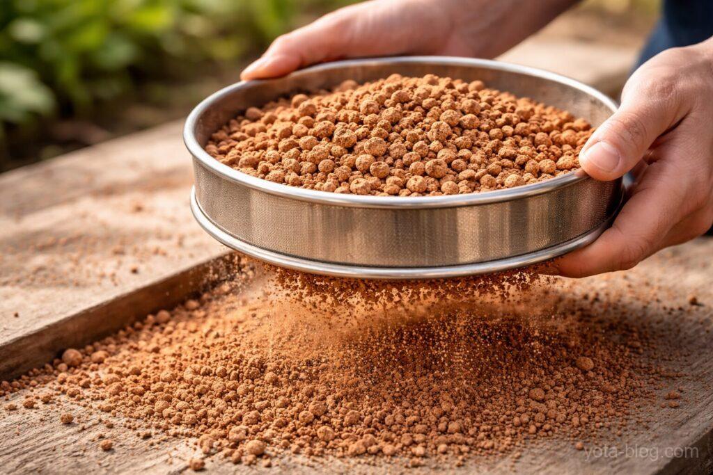 赤玉土をふるいにかけている手元。網の下に細かい微塵が落ちている